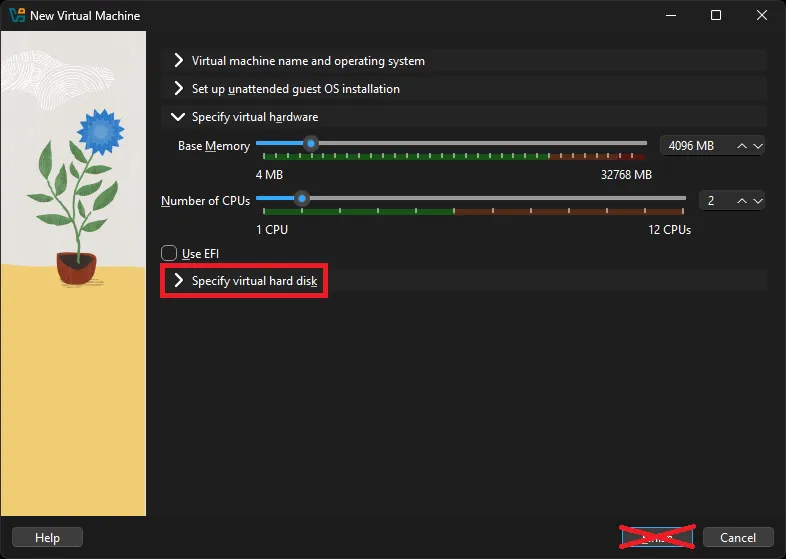 Specify virtual hardware screen