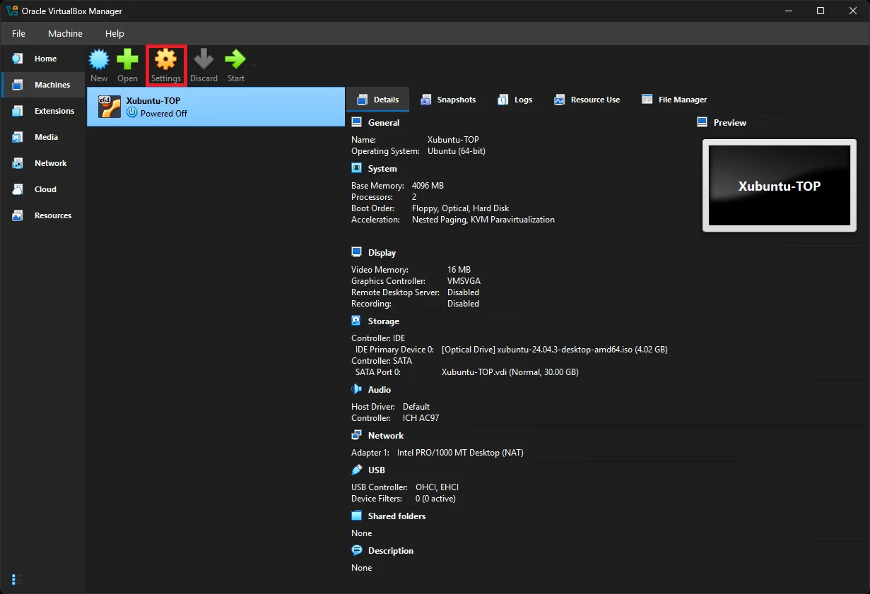 Start screen but with settings highlighted